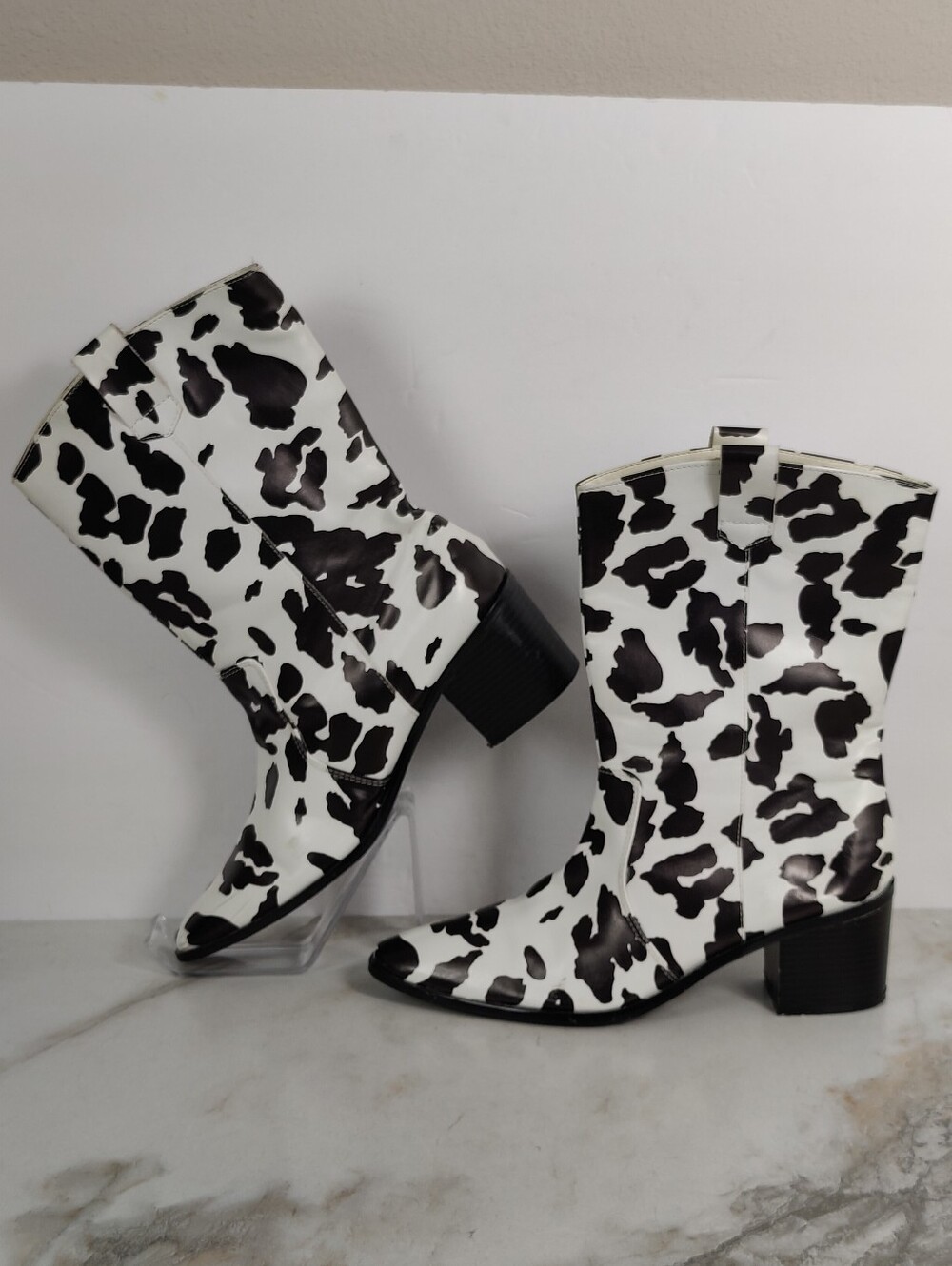 Princess Polly Black White Cow Print Western Cowboy Boots, Sz 8